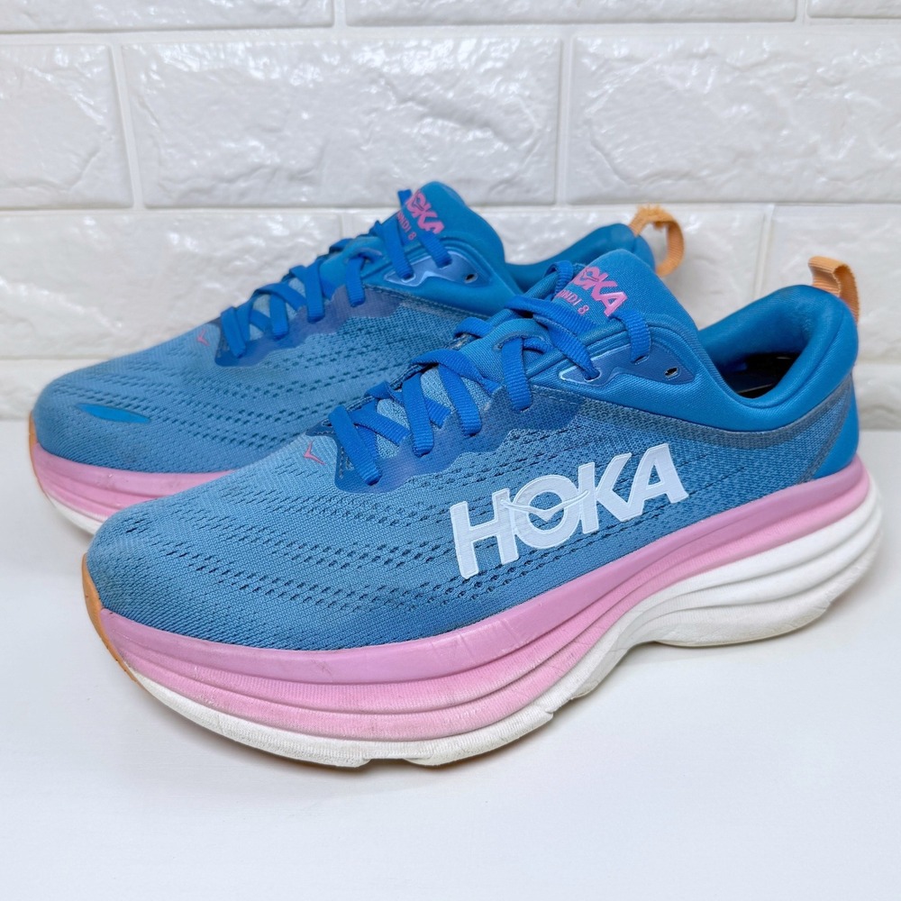 Hoka Bondi 8 Running Shoes Women's 7.5D Blue Pink Fair Wide Max Cushion